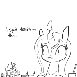 Size: 1280x1280 | Tagged: safe, artist:tjpones, queen chrysalis, changeling, changeling queen, :i, crack is cheaper, dialogue, fail, fangs, female, figurine, gaming miniature, grayscale, hyperspace hyperwars, miniature, monochrome, paint, paintbrush, regret, simple background, solo, tabletop game, white background