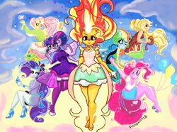 Size: 1280x950 | Tagged: safe, artist:pandanx12, applejack, fluttershy, pinkie pie, rainbow dash, rarity, sci-twi, sunset shimmer, twilight sparkle, equestria girls, friendship games, daydream shimmer, parody, ponied up, puella magi madoka magica