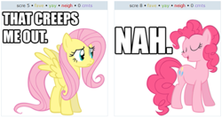 Size: 785x417 | Tagged: safe, fluttershy, pinkie pie, earth pony, pegasus, pony, exploitable meme, image macro, juxtaposition, juxtaposition win, nah, simple background, vector, white background