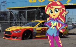 Size: 4608x2860 | Tagged: safe, sunset shimmer, equestria girls, friendship games, absurd resolution, car, equestria girls in real life, ford, ford fusion, joey logano, looking at you, nascar, photo, race track, racecar, solo, wondercolts