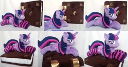 Size: 1235x646 | Tagged: safe, artist:agatrix, derpibooru import, twilight sparkle, book, clothes, elements of harmony, irl, photo, plushie, socks, solo, striped socks