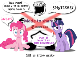 Size: 800x600 | Tagged: safe, derpibooru import, pinkie pie, twilight sparkle, earth pony, pony, linux, spanish, trollface, wat