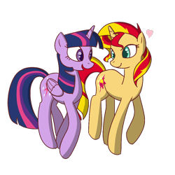 Size: 1000x1000 | Tagged: safe, artist:faeizumine, sunset shimmer, twilight sparkle, twilight sparkle (alicorn), alicorn, pony, unicorn, female, heart, lesbian, shipping, sunsetsparkle