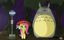 Size: 1250x790 | Tagged: safe, artist:slickpuppy, angel bunny, fluttershy, pegasus, pony, bus stop, crossover, my neighbor totoro, rain, umbrella