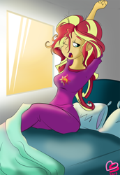 Size: 1000x1451 | Tagged: safe, artist:burnt-sprinkles, sunset shimmer, equestria girls, bed, clothes, pajamas, solo, waking up