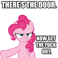 Size: 512x512 | Tagged: safe, pinkie pie, earth pony, pony, dialogue, gtfo, image macro, reaction image, simple background, text, transparent background, vulgar