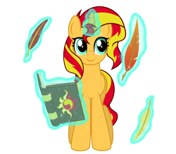 Size: 12000x10500 | Tagged: safe, artist:fennrick, artist:misteraibo, artist:osipush, artist:zutheskunk edits, sunset shimmer, phoenix, pony, unicorn, equestria girls, absurd resolution, book, feather, horn, inkscape, levitation, magic, quill, solo