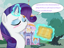 Size: 1600x1200 | Tagged: safe, artist:annakitsun3, rarity, pony, unicorn, the best night ever, blushing, bronybait, bust, cute, dialogue, eyes closed, gala ticket, grand galloping gala, magic, portrait, pov, raribetes, solo, speech bubble, telekinesis