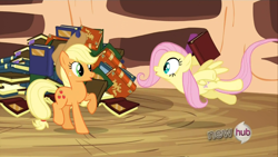 Size: 1280x720 | Tagged: safe, screencap, applejack, fluttershy, earth pony, pegasus, pony, magic duel, female, mare