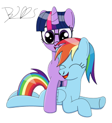 Size: 1536x1678 | Tagged: safe, artist:trackheadtherobopony, derpibooru import, rainbow dash, sci-twi, twilight sparkle, pegasus, pony, cute, duo, duo female, female, laughing, lesbian, nibbling, prone, shipping, signature, simple background, transparent background, twidash