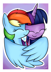 Size: 2480x3507 | Tagged: safe, artist:twidasher, derpibooru import, rainbow dash, twilight sparkle, pegasus, pony, cute, dashabetes, eyes closed, female, heart, hug, lesbian, shipping, twiabetes, twidash, winghug