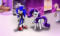 Size: 2500x1500 | Tagged: safe, artist:sweecrue, rarity, pony, unicorn, carousel boutique, clothes, crossover, dapper, glasses, happy, mannequin, smiling, sonic the hedgehog, sonic the hedgehog (series), tuxedo