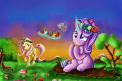 Size: 3000x2000 | Tagged: safe, artist:shogundun, fluttershy, starlight glimmer, pegasus, pony, unicorn, cute, eyes closed, female, floral head wreath, flower, flower in hair, glimmerbetes, glowing horn, horn, log, magic, mare, open mouth, scenery, shyabetes, signature, sitting, telekinesis, tree