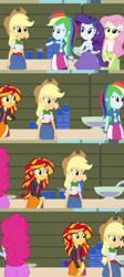 Size: 1280x2848 | Tagged: safe, screencap, applejack, fluttershy, pinkie pie, rainbow dash, rarity, sunset shimmer, equestria girls, rainbow rocks, cookie, food, punch (drink), punch bowl, table, walking