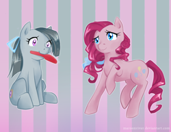 Size: 834x645 | Tagged: safe, artist:maroonriver, marble pie, pinkie pie, earth pony, pony, brush, twins