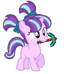 Size: 1037x1134 | Tagged: safe, artist:monstie64, starlight glimmer, pony, unicorn, the cutie re-mark, cute, diamond pickaxe, female, filly, filly starlight glimmer, gimp, glimmerbetes, minecraft, mouth hold, photoshop, pickaxe, pigtails, raised hoof, simple background, smiling, solo, transparent background, younger