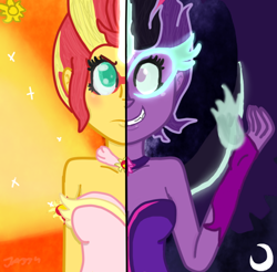 Size: 560x550 | Tagged: safe, artist:apple-jazzy, midnight sparkle, sci-twi, sunset shimmer, twilight sparkle, equestria girls, friendship games, colored pupils, daydream shimmer, split screen