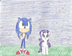 Size: 2186x1700 | Tagged: safe, artist:shadow051, rarity, pony, unicorn, crossover, crossover shipping, interspecies, love, rarisonic, shipping, sonic the hedgehog, sonic the hedgehog (series), traditional art