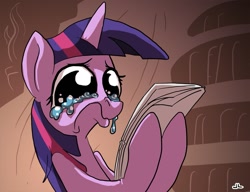 Size: 975x750 | Tagged: safe, artist:docwario, derpibooru import, part of a set, twilight sparkle, cropped, crying, frown, newspaper, pouting, reading, sad, solo