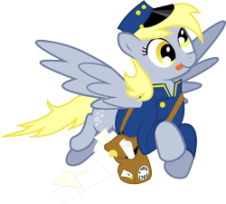 Size: 6000x5390 | Tagged: safe, artist:masem, idw, derpy hooves, pegasus, pony, absurd resolution, cute, female, flying, hat, idw showified, letter, mail, mailbag, mailmare, mailpony, mare, paper, simple background, tongue out, transparent background, vector