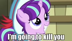 Size: 1280x720 | Tagged: safe, edit, edited screencap, screencap, snowfall frost, starlight glimmer, pony, unicorn, a hearth's warming tail, cute, female, filly, glimmerbetes, image macro, imminent murder, meme, pure unfiltered evil, solo