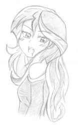 Size: 930x1486 | Tagged: safe, artist:trainbang, sunset shimmer, vampire, equestria girls, blushing, cute little fangs, drool, monochrome, solo, traditional art