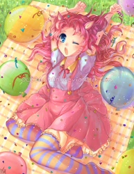 Size: 600x776 | Tagged: safe, artist:oceanchan, pinkie pie, balloon, eared humanization, humanized