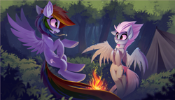 Size: 3053x1746 | Tagged: safe, artist:ramiras, derpibooru exclusive, derpibooru import, fleetfoot, rainbow dash, pegasus, pony, camping, clearing, commission, female, fire, fireplace, fleetdash, flying, forest, jewelry, looking at each other, necklace, shipping, smiling, tent, wallpaper