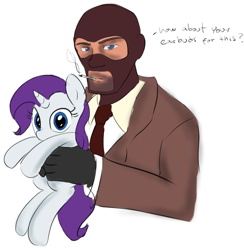 Size: 996x1019 | Tagged: artist needed, safe, rarity, human, pony, crossover, filly, holding, holding a pony, spy, team fortress 2, trade