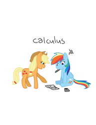 Size: 1280x1656 | Tagged: safe, artist:tycoontykun, derpibooru import, applejack, rainbow dash, earth pony, pegasus, pony, appledash, calculator, calculus, cover, cowboy hat, female, hat, help, learning, math, pencil, school, shipping, simple background, white background