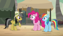 Size: 1280x738 | Tagged: safe, derpibooru import, screencap, daring do, pinkie pie, rainbow dash, earth pony, pegasus, pony, daring done?, somnambula (location)