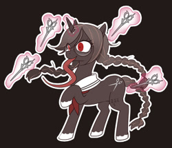 Size: 556x479 | Tagged: safe, artist:牛【仕事募集中】, derpibooru import, pony, unicorn, black background, braid, braided tail, crazy eyes, crossover, danganronpa, female, genocide jack, glasses, insanity, levitation, long tongue, magic, mare, pigtails, pixiv, ponified, red eyes, scissors, simple background, solo, telekinesis, toko fukawa, tongue out, twintails, unshorn fetlocks