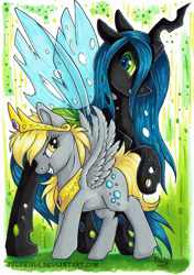 Size: 1024x1452 | Tagged: safe, artist:julunis14, derpy hooves, queen chrysalis, changeling, changeling queen, pony, crown, evil grin, female, grin, jewelry, mare, regalia, smiling