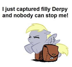 Size: 630x590 | Tagged: safe, derpy hooves, arial, bronybait, caption, filly, filly derpy, image macro, mailbag, meta, text, younger