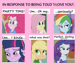 Size: 1150x950 | Tagged: safe, derpibooru import, applejack, fluttershy, pinkie pie, rainbow dash, rarity, twilight sparkle, equestria girls, 6 pony meme, bend over, blushing, exploitable meme, mane six, meme, scrunchy face