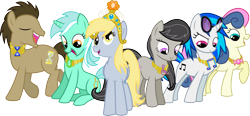 Size: 3490x1617 | Tagged: safe, artist:jaybugjimmies, bon bon, derpy hooves, dj pon-3, doctor whooves, lyra heartstrings, octavia melody, sweetie drops, vinyl scratch, earth pony, pegasus, pony, unicorn, background pony, background six, cutie mark, elements of harmony, eyes closed, female, hooves, horn, male, mare, open mouth, simple background, sitting, stallion, standing, sunglasses, transparent background, vector, wings
