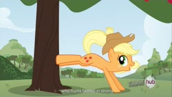 Size: 1920x1080 | Tagged: safe, screencap, applejack, earth pony, pony, magic duel, youcap dump, youtube caption