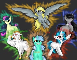 Size: 796x625 | Tagged: safe, artist:saintssister47, bon bon, bulk biceps, derpy hooves, lyra heartstrings, octavia melody, sweetie drops, earth pony, pegasus, pony, unicorn, background pony, roid rage