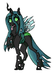 Size: 450x618 | Tagged: safe, artist:ask-azalea-grey, part of a set, queen chrysalis, changeling, changeling queen, female, hoof on chest, looking at you, open mouth, pixel art, simple background, solo, three quarter view, tongue out, transparent background