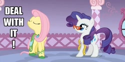 Size: 636x318 | Tagged: safe, edit, edited screencap, screencap, fluttershy, rarity, pegasus, pony, unicorn, suited for success, deal with it, duo, eyes closed, female, glasses, measuring tape, messy mane, nose in the air