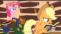 Size: 1920x1080 | Tagged: safe, screencap, applejack, pinkie pie, earth pony, pony, magic duel, youcap dump, youtube caption