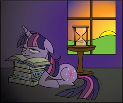 Size: 3767x3128 | Tagged: safe, artist:lauren faust, artist:yamigetsu, derpibooru import, twilight sparkle, book, colored, hourglass, sleepy, sunrise, tired