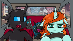 Size: 2732x1536 | Tagged: safe, artist:mobubbles, artist:spheedc, queen chrysalis, oc, oc:corvus, oc:crann taca, oc:kyle, changeling, changeling queen, nymph, pony, unicorn, car, cute, cutealis, cuteling, driving, exhausted, female, filly, filly queen chrysalis, floppy ears, foal, ocbetes, village, yelling, younger