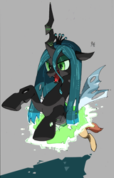 Size: 704x1100 | Tagged: safe, artist:atarute5, queen chrysalis, changeling, changeling queen, crown, fangs, female, gray background, horn, jewelry, open mouth, regalia, simple background, slit eyes, solo, transformation, wings