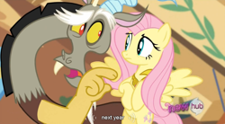 Size: 764x423 | Tagged: safe, screencap, discord, fluttershy, pegasus, pony, keep calm and flutter on, hub logo, youtube caption