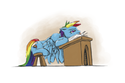 Size: 1500x1000 | Tagged: safe, artist:da-exile, derpibooru import, rainbow dash, pegasus, pony, testing testing 1-2-3, atg 2016, book, bored, desk, female, mare, newbie artist training grounds, school, sitting, solo, stool, tongue out