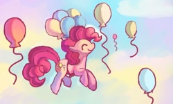 Size: 1000x600 | Tagged: safe, artist:glasswhistle, pinkie pie, earth pony, pony, balloon, flying, happy, solo, then watch her balloons lift her up to the sky