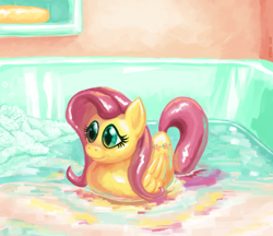 Size: 1248x1079 | Tagged: safe, artist:ponytron5000, fluttershy, pegasus, pony, bath, flutterduck, rubber duck, solo, water