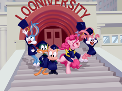 Size: 1600x1200 | Tagged: safe, artist:dstears, pinkie pie, earth pony, pony, acme looniversity, babs bunny, buster bunny, crossover, graduation, hamton pig, plucky duck, this explains everything, tiny toon adventures, wallpaper