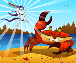 Size: 6344x5266 | Tagged: safe, artist:gray--day, rarity, crab, pony, unicorn, absurd resolution, giant crab, rarity fighting a giant crab, snorting, starfish